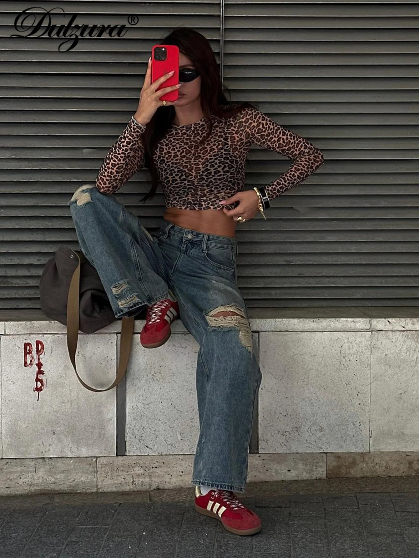 Dulzura Sexy Long Sleeves Tops Mesh T Shirt Leopard Printed Bodycon Women Clothes Lady Party Club Streetwear Casual Nightout Y2K 250207