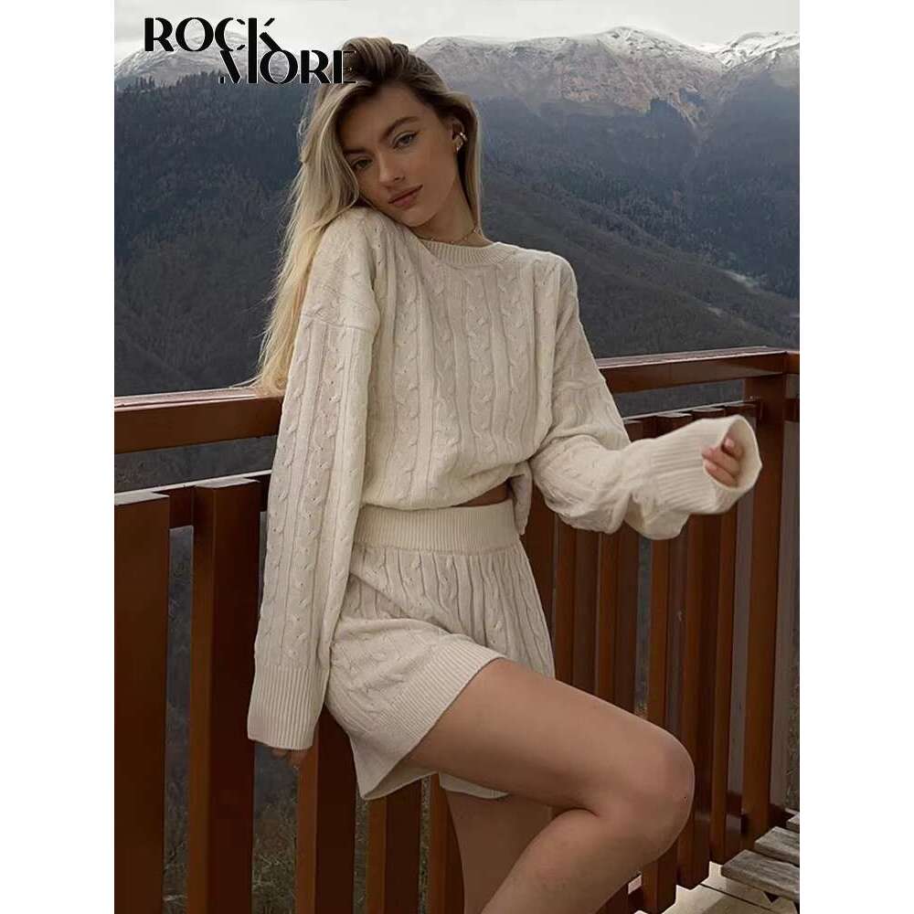 Rockmore 2 Piece Set Women Sweater And Shorts Sets Autumn Winter Y2k Aesthetic Casual Knitted Pullovers Short Pant Suit 2Pcs