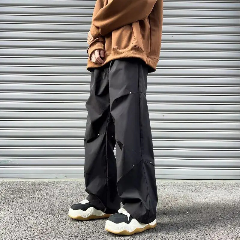 Boyfriend Solid Color Wide Leg Elastic High Waist Pockets Cargo Casual Trousers Mens Clothing Straight Spring Autumn Pants 250206