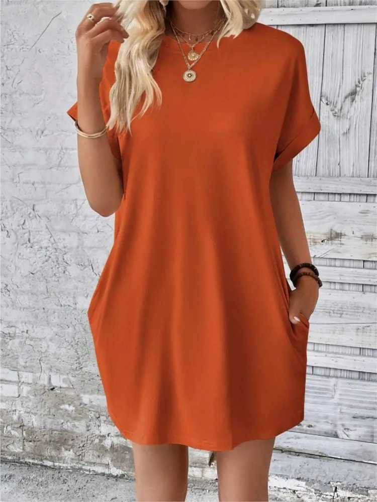 Fashion Boho Resort Style Beach Dresses For Women 2024 New Summer Solid Color O Neck Loose Short Sve Pocket Mini Dress FemmeXJ2500207
