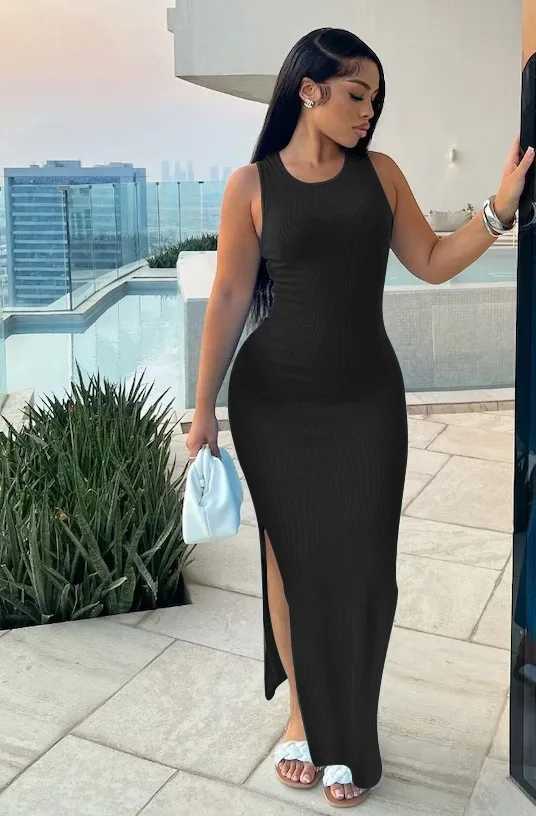 Sexy Sveles Knitted Long Dress For Women Fashion O-neck Pure Color Bodycon Dress Summer Split Package Hips Party Dress BlackXJ2500207