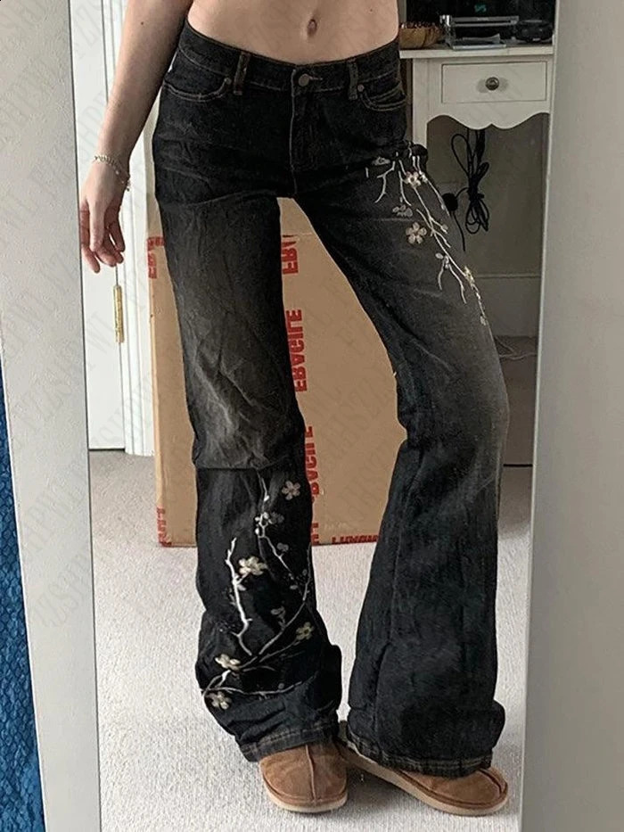American 2000s Y2K Aesthetic Fashion Harajuku Vintage Casual Style Girl Streetwear Slim Fit Low Waist Flare Jean Trouser 250206