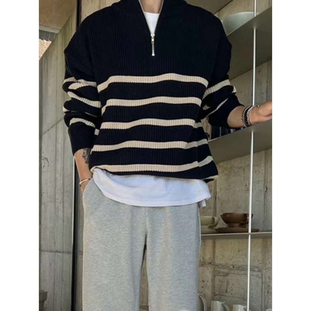 Men's Clothing Business Zip-up Knit Sweater Male Coat Zipper Striped Jacket Collared Pullovers Cheap T Shirt Korean Fashion Neck