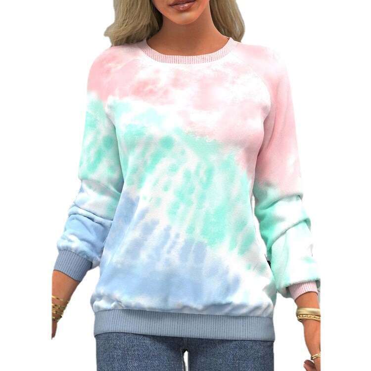 European and American autumn women's tie dye printed top, round neck, shoulder lenth, lon sleeved, casual, wide elastic, 2024 new casual fashion 