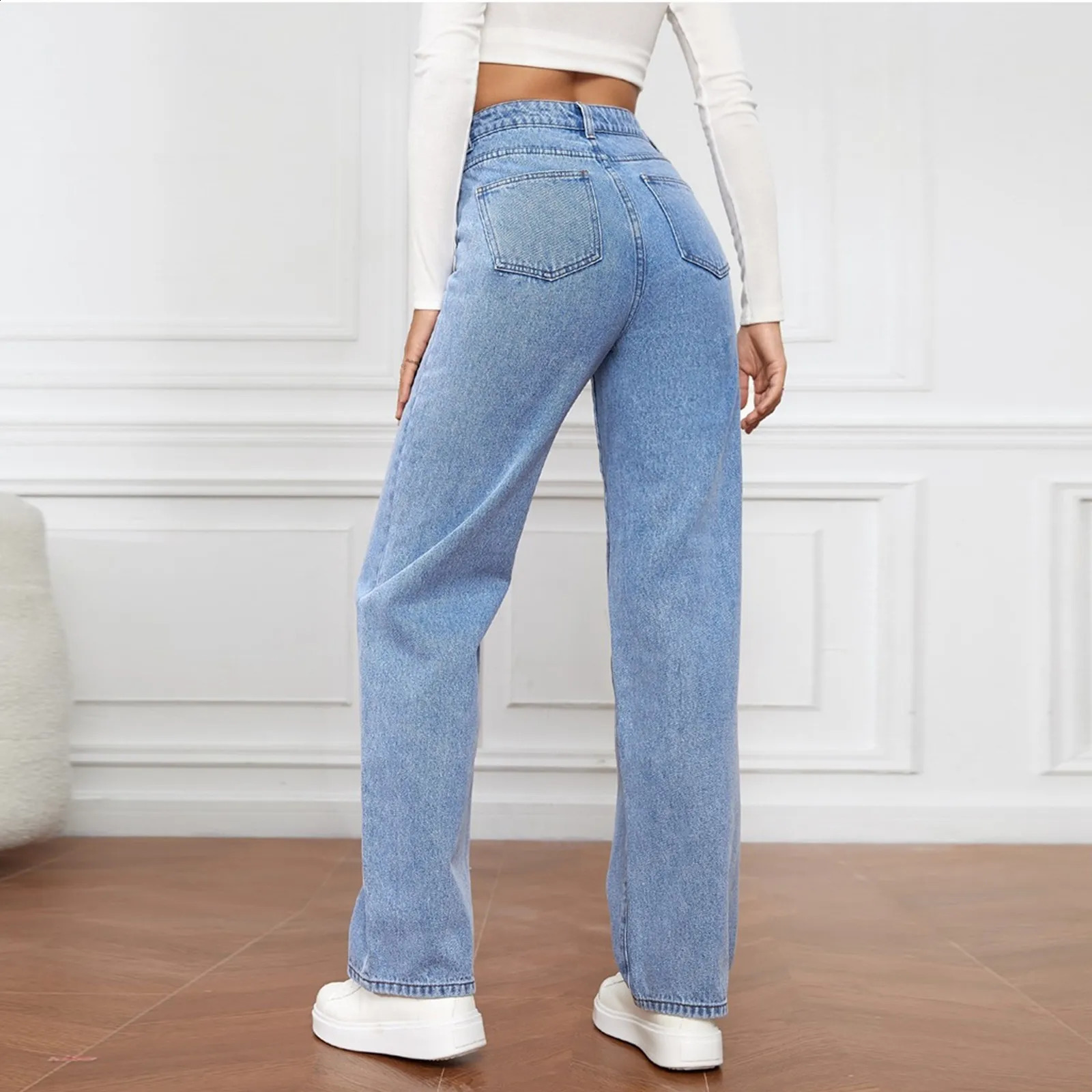 Womens High Waist Washed Jeans Fashionable Versatile European American Straight Leg Pants 2000s Clothes Y2k Baggy 250206