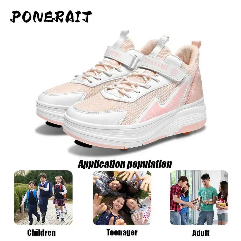 Neutral button extension 4-wheel skateboard shoes with new wheels sports shoes for boys and girls skateboarding shoelaces wheels W250207