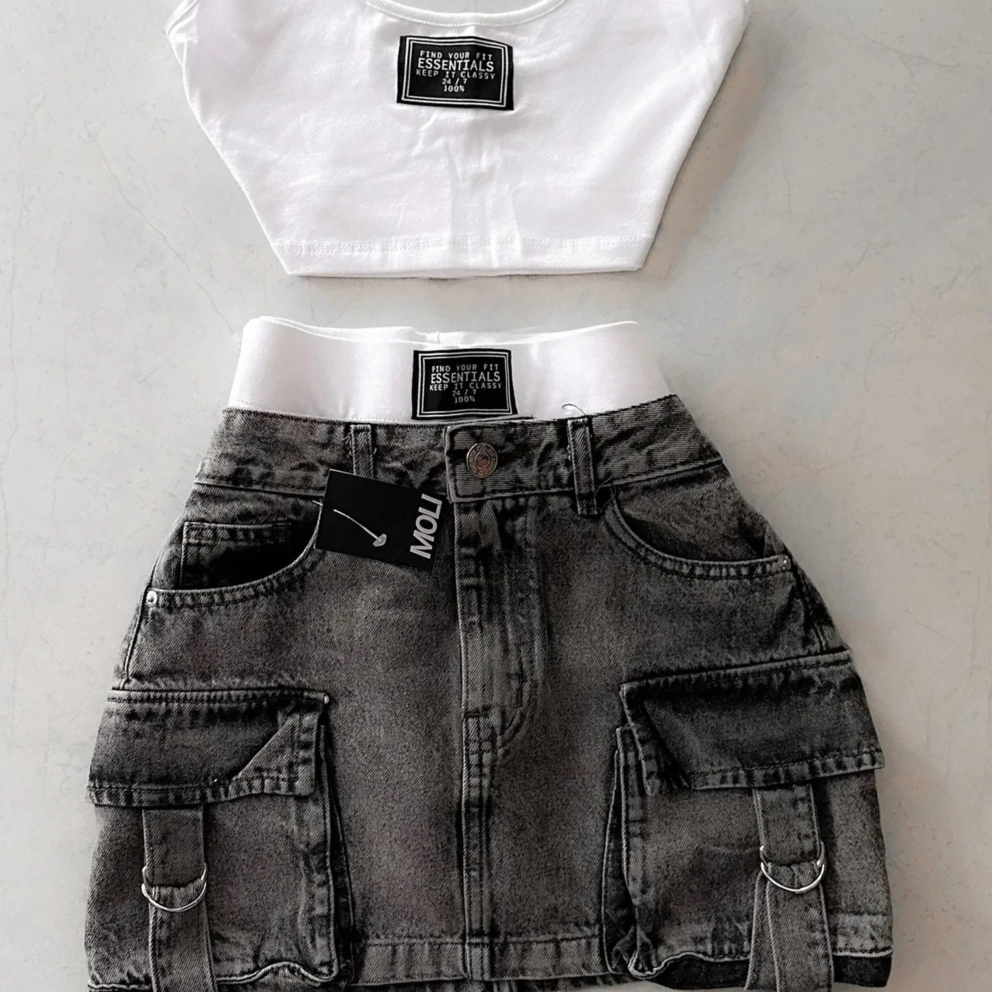 Y2k Fashion Womens Two Peice Sets Multiple Pockets Denim Skirt Goth Straps Harajuku Casual Versatile Strap Streetwear 250207