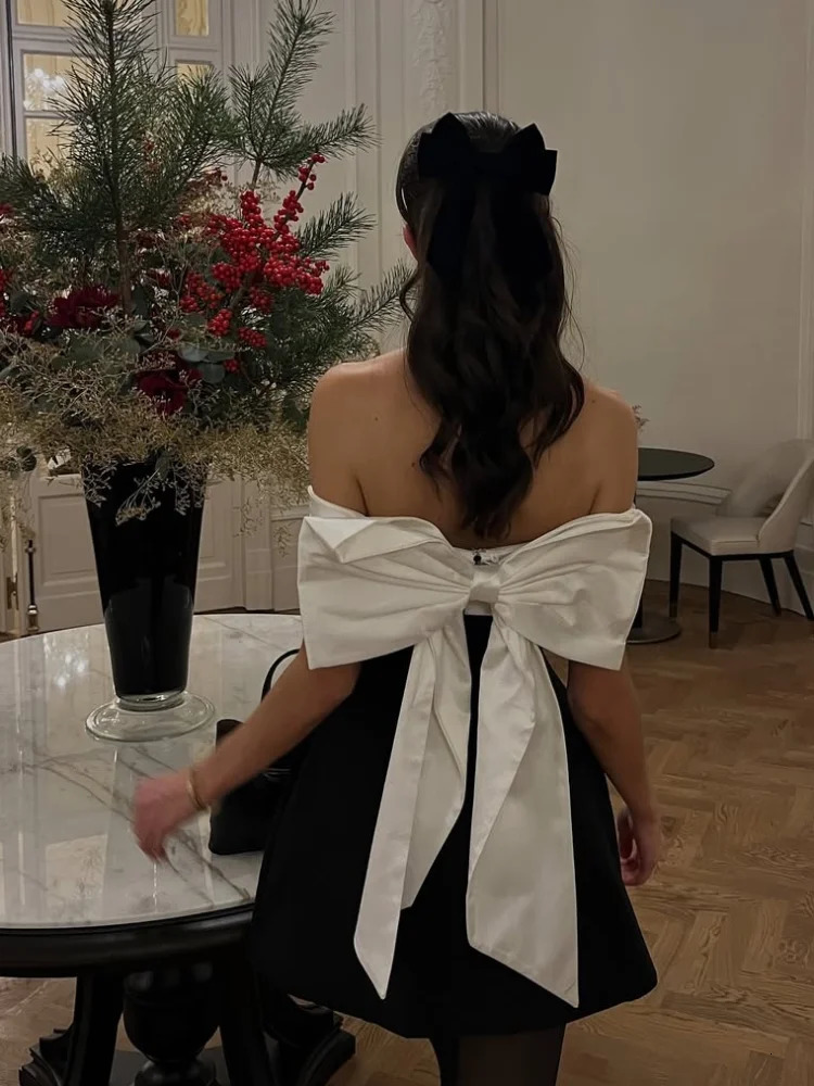 Womens Black and White Tail Tie Dress Sexy Shoulder Back Sleeveless Short Sleeve Elegant Party 250206