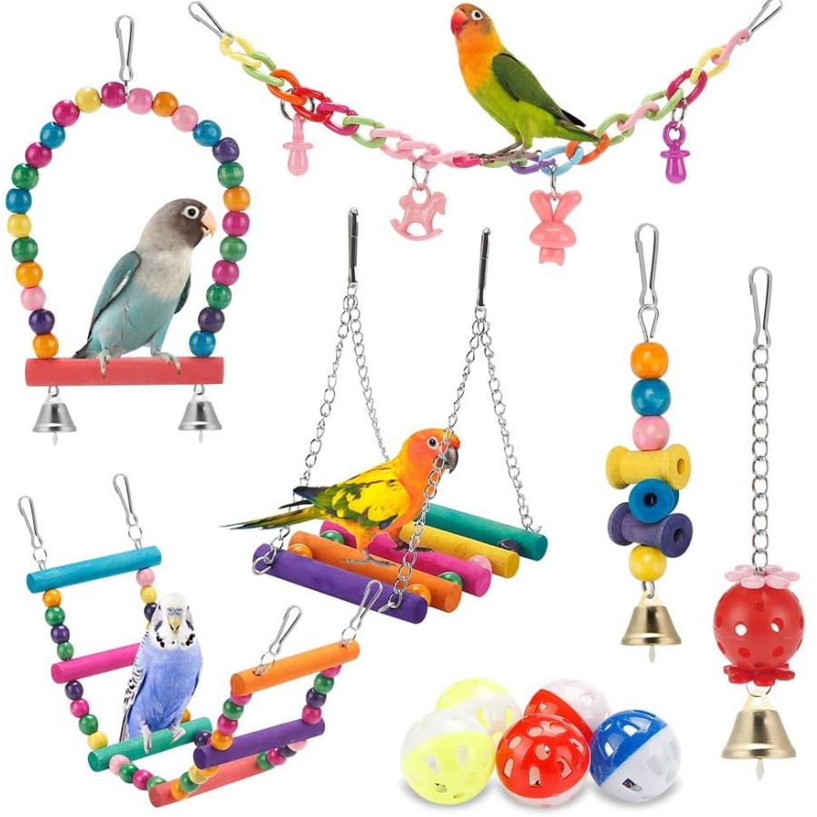 Bird Parakeet Toys,Swing Hanging Standing Chewing Toy Hammock Climbing Ladder Bird Cage Colorful Toys Suitable for Budgerigar, Parakeet