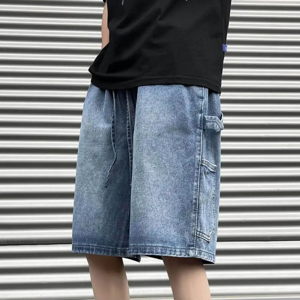 Men Denim Shorts Elastic Drawstring Waist Straight Wide Leg With Pockets Solid Color Casual Pants Streetwear 250120