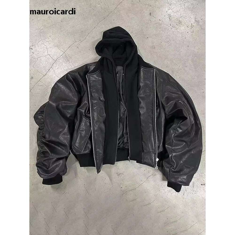 Men's Leather Jacket Mauroicardi Autumn Winter Oversized Cool Black Thickened Warm Pu Leather Bomber Jacket Men Hood Designer Fake 2 Clothes