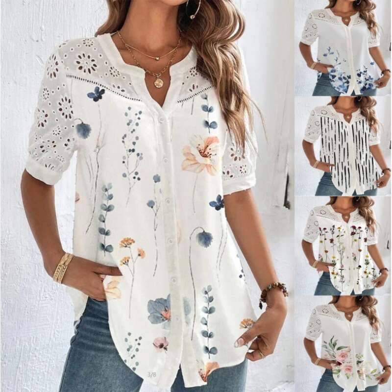Buckle Flip Collar Short Sleeve Shirt Women's Top 2024 New Casual Fashion Trendy Clothing