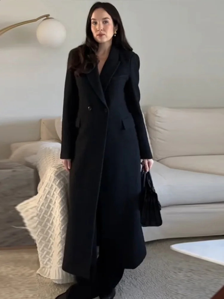 Elegant Womens Suit Jacket Double Breasted Lapel Pocket Slim Long Coats 2025 Spring Lady Streetwear Commute Outerwears 250110
