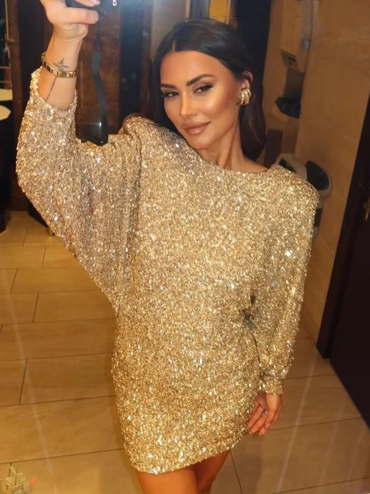TRAF Sequin Mini Dres Evening Dresses for Women Fashion Backless Short Womens Long Sleeve Dress Woman 2025 250206