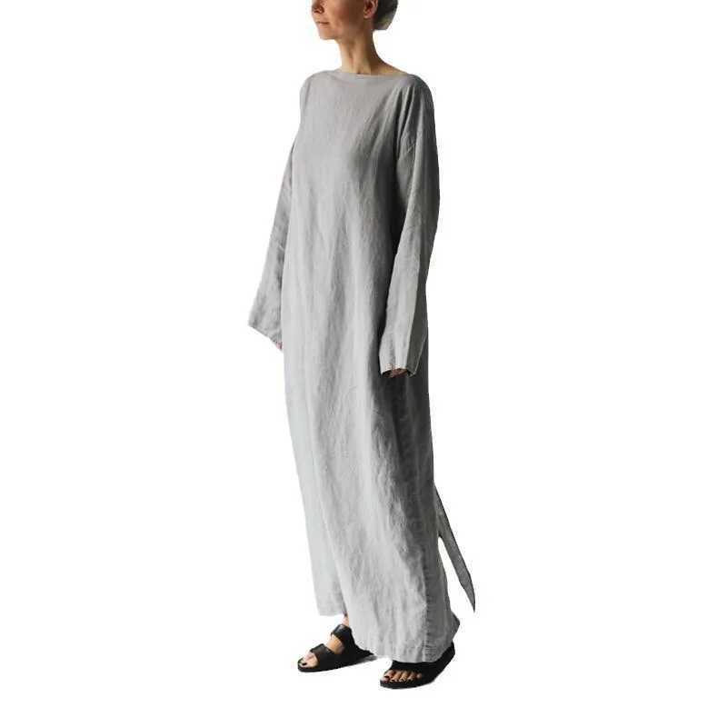 Fall Long Sve Loose Cotton Linen Dress Women 2024 Fashion Casual Solid New Lace-up Bow Maxi Dresses Ele VestidosXJ2500207
