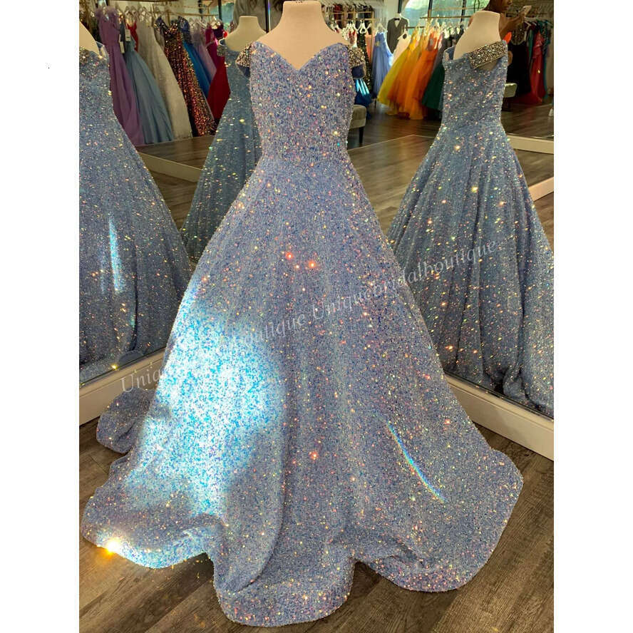 Iridescent Girl Pageant Dress 2023 Veet Sequin Beading Off-Shoulder Little Kid Birthday Formal Party Gown A-E Toddler Teens Preteen Or-Length Pink Ivo