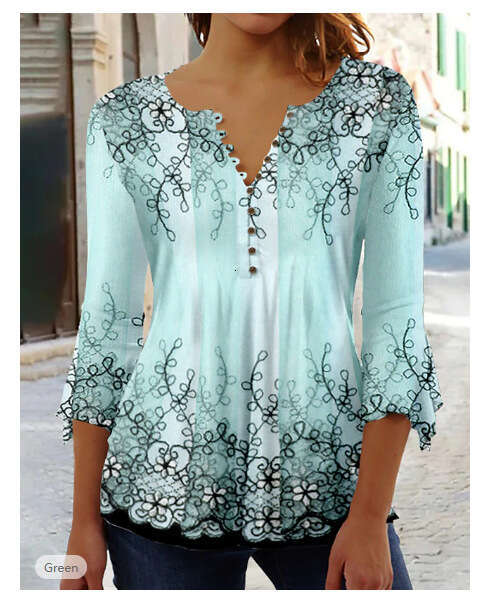 European and American summer fashion Ruili ral print V-neck seven quarter sleeve T-shirt 2024 temperament versatile new trendy clothing ins