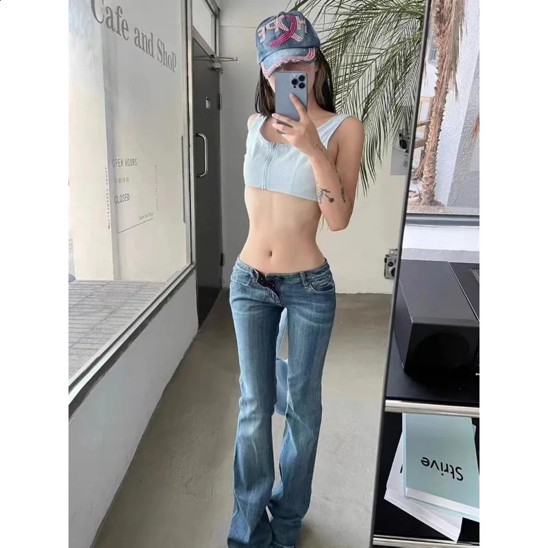 Vintage Flare Jeans Low Rise Women Sexy Fashion Washed Jean Pants cyber Y2K Grunge Fairycore Denim Trousers Korean 250206