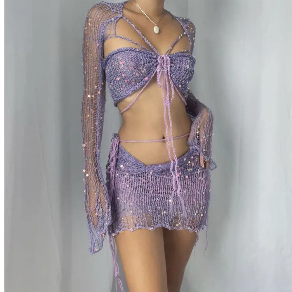 Crochet Knitted Dress Two Piece Skirt Sets Summer Women Clothes Sexy Crop Tops Elegant Knit Sequin Dress 2 Piece Set Outfit 250206