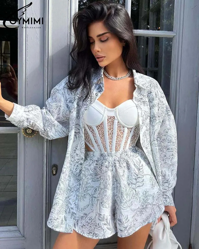 Oymimi Fashion White Print Two Piece Set For Women Elegant Long Sleeve Button Shirts And High Waisted Shorts Female Streetwear 250206