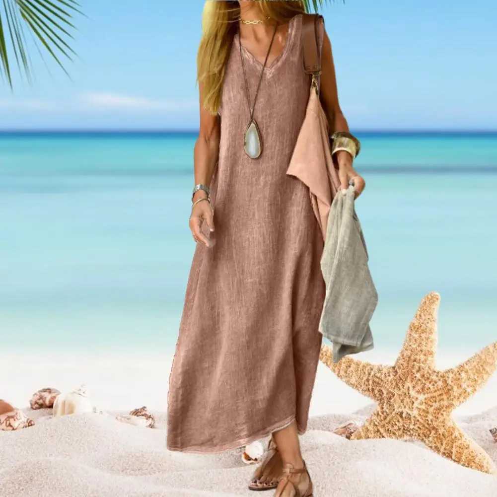 Summer Women Dress A-Line Pullover All-match Sveless Large Hem Long Sundress Soft Quick Drying V Neck Lady Tank DressXJ2500207
