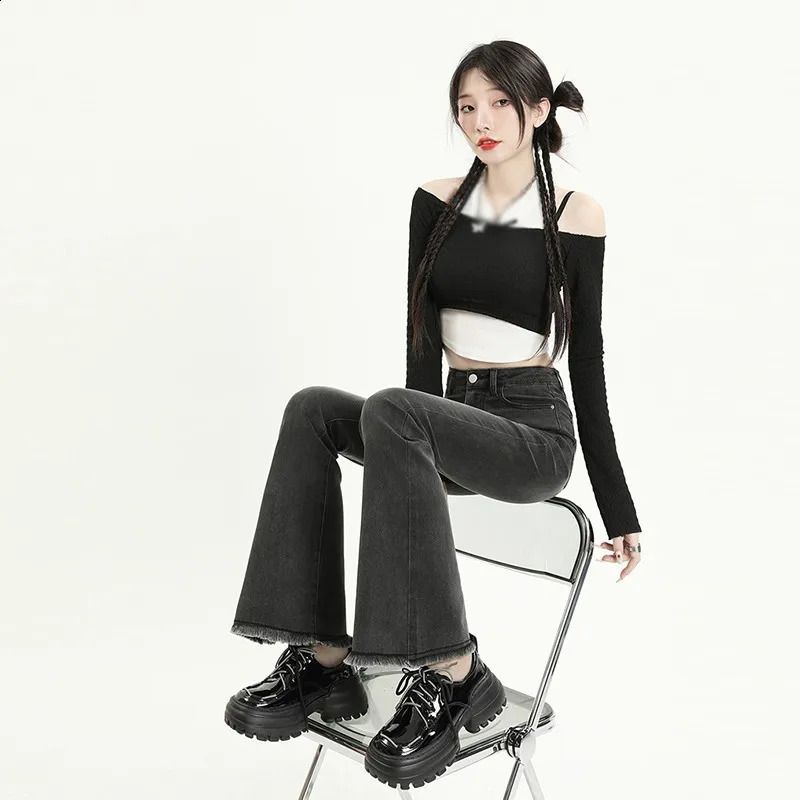 Korean Version High Waisted Fringed n Denim Pants Fashionable Temperament Versatile Flared Trouser Legs Jeans for Female 250206