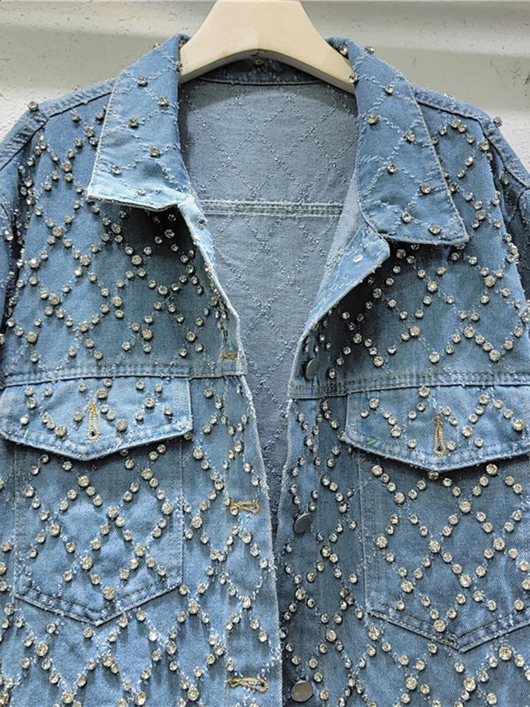 DEAT Womens Denim Coat Blue Long Sleeve Full Diamonds Distressed Jacquard Plaid Jackets 2025 Spring Fashion 29L7709 250121