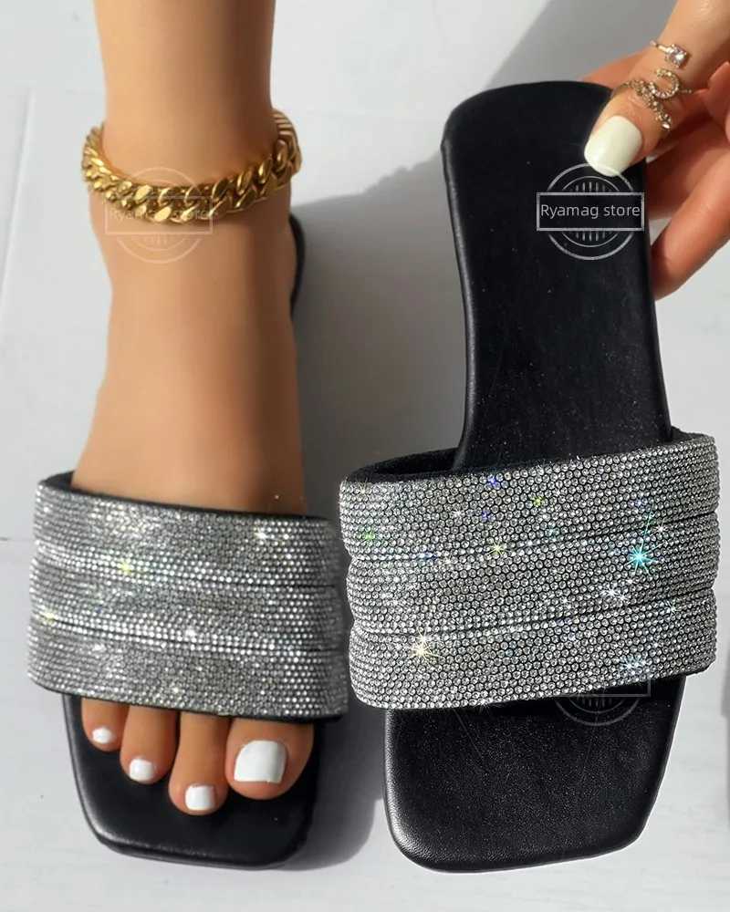 Slippers Womens Rhine Wide Strap Square Toe Slippers Flip Flops Flat Sandals Ladies Slippers Shoes Female Bling LuxuryXJ250207