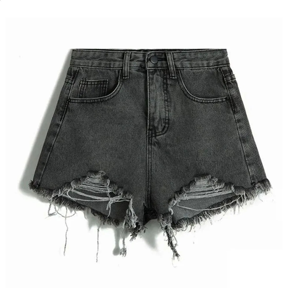 Summer Korean Womens Cow Shorts High Waist Casual Blue Denim Shorts Pocket Tassel Perforated Fashion Shorts Y2K Female Jeans 250207