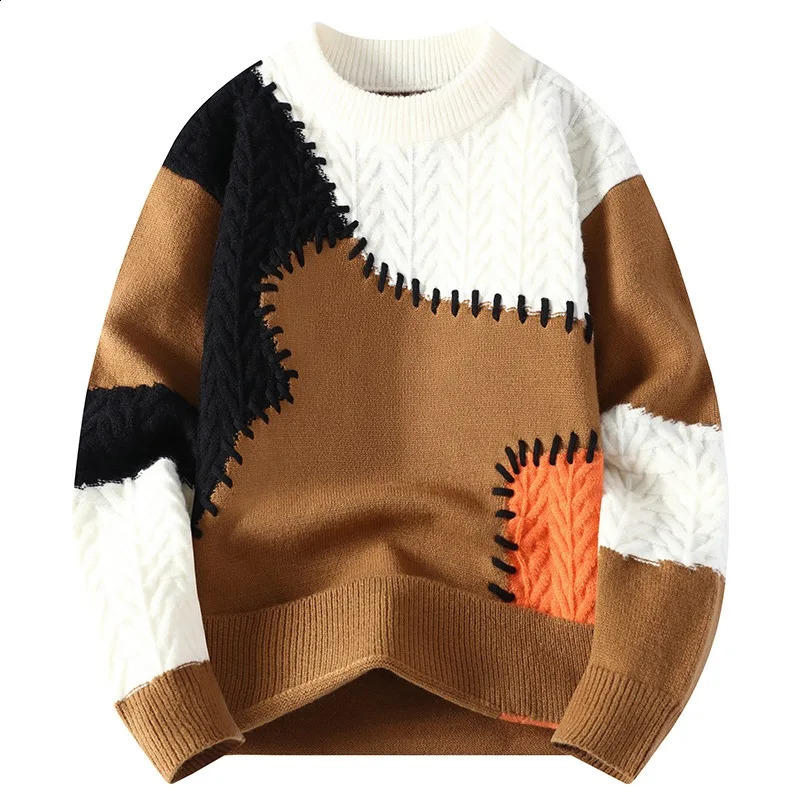 Winter Fashion Sweater Men Patchwork Casual Knit Pullovers Mens Thick Warm Harajuku Loose Knitted Sweaters O-Neck Streetwear Man 250206