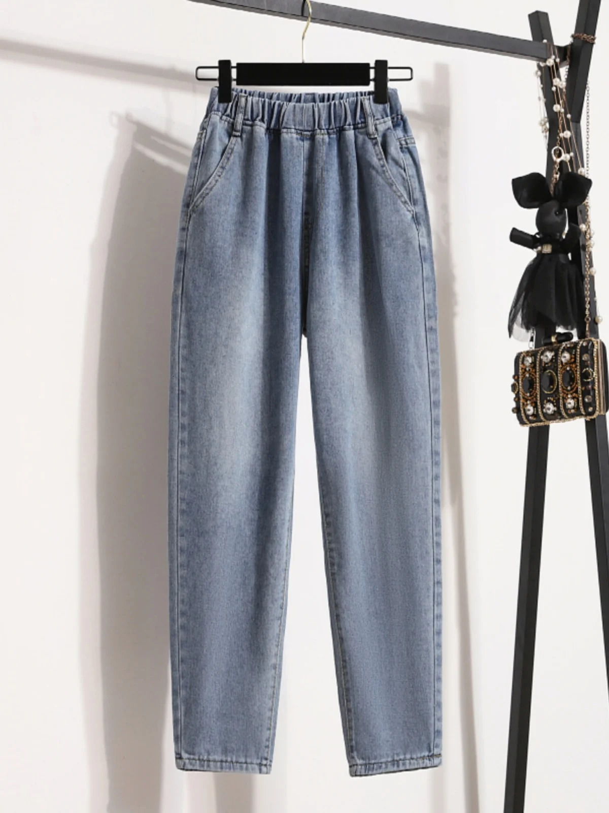 Large Size High Waisted Jeans Fashion Loose Elastic Waist Casual Harlan Pants 2024 Autumn AnkleLength Denim 250121
