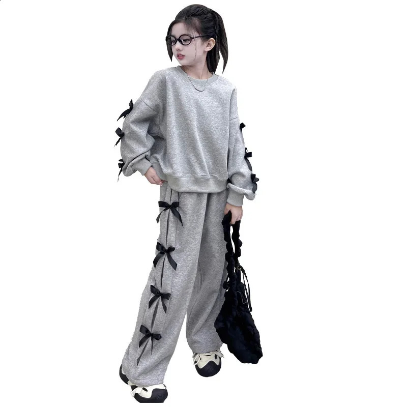 Girls Sports Set 2025 Spring Bow Sweatshirt Wide Leg Pants 2pcs Teen School Kids Clothes Pink Grey Casual Daily Children Costume 250117