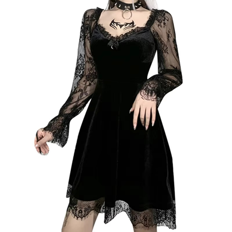 Women Lolita Mini Evening Party Spring Summer Clothes Ral Long Sleeve Lace Patchwork Dress Sexy Club