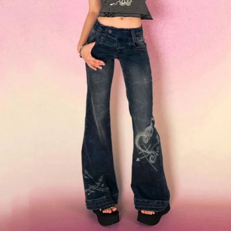 Y2K Grunge Fairycore Chic Skinny Low Rise Flared Jeans Women Vintage Aesthetic Heart Printed Denim Trousers Boot Cut 250206