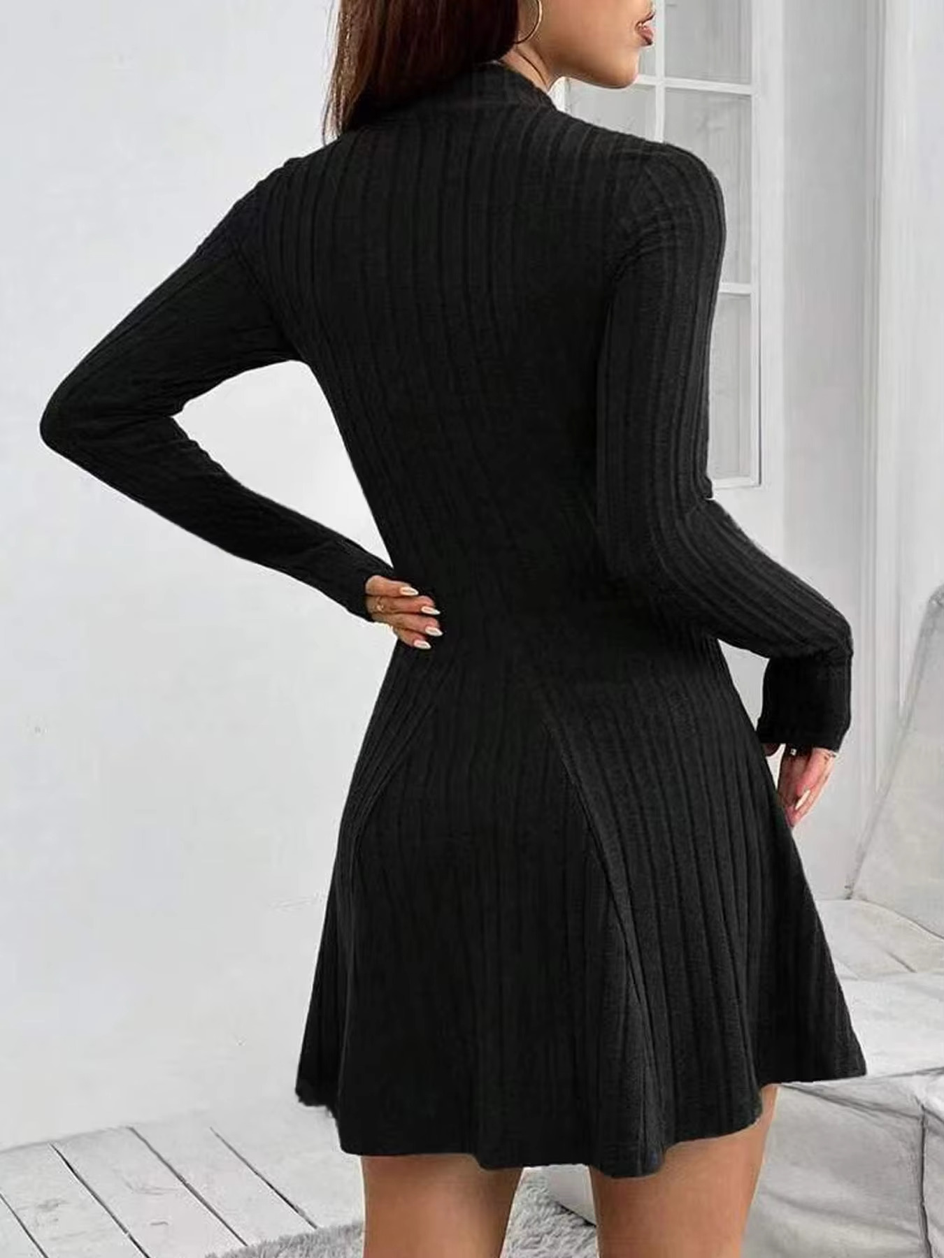 Women's Slim Fit Half High Collar Waist Cinched A-E Skirt Long Sleeved Pit Stripe Dress