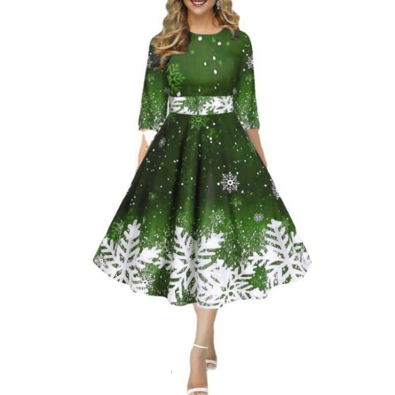 Christmas style European and American women's fashion personality snowflake digital printing mid sleeve waist cinched dress 2024 temperament vers