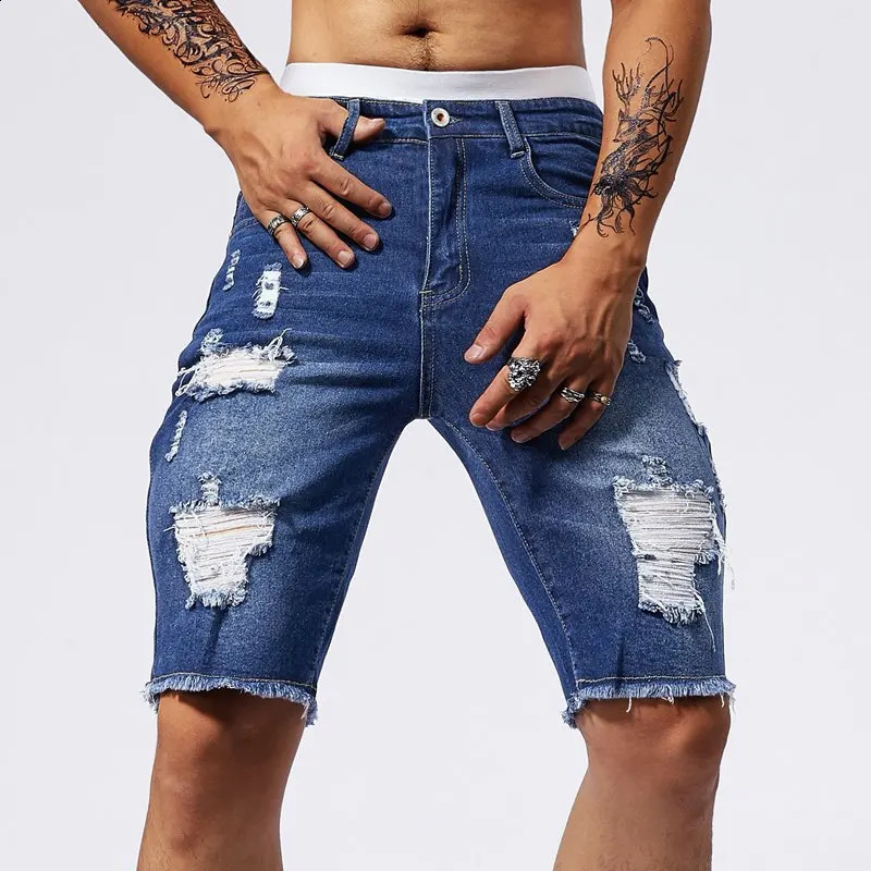 Vintage Denim Shorts Mens American Stretch Slim Jeans Fashion Ripped Streetwear Male Hole Frayed Short Pants Blue Black 250206