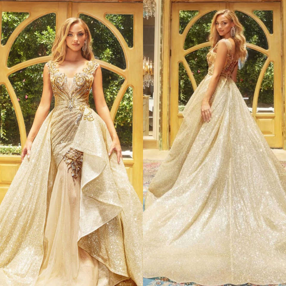 Elegant Mermaid Prom Dresses With Detachable Train Spaghetti Strap Appliques Sparkling Sequins Side Split Lace Up Plus Size Party Evening Dresses Vest