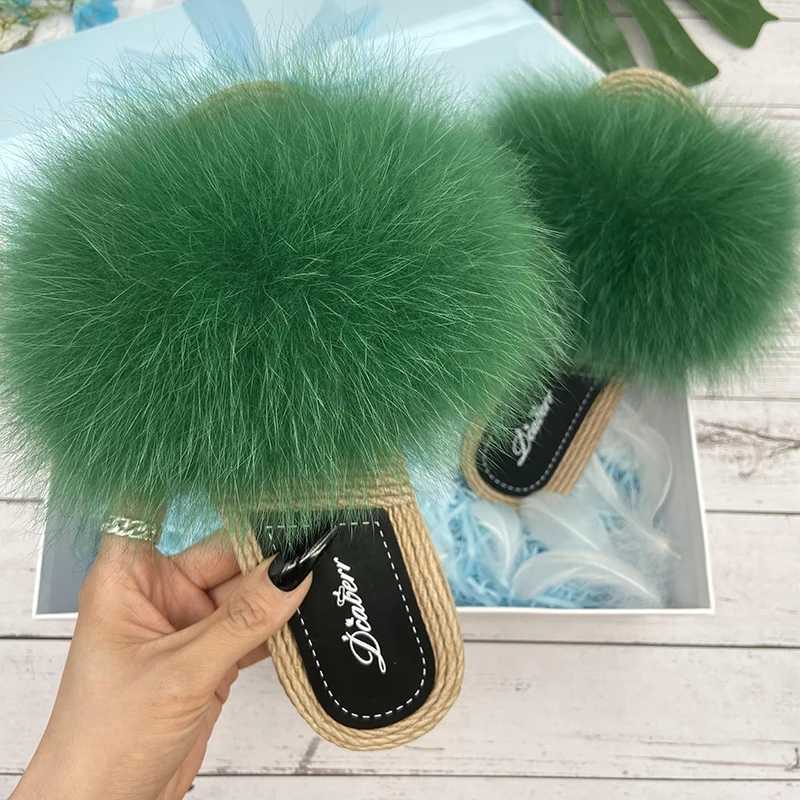 Fur Slippers Woman Flats Faux Str Sandals Real Racco Fox Fur Summer Ladies Light Flip Flops 2024 Fi New Beach SlidesXJ250207