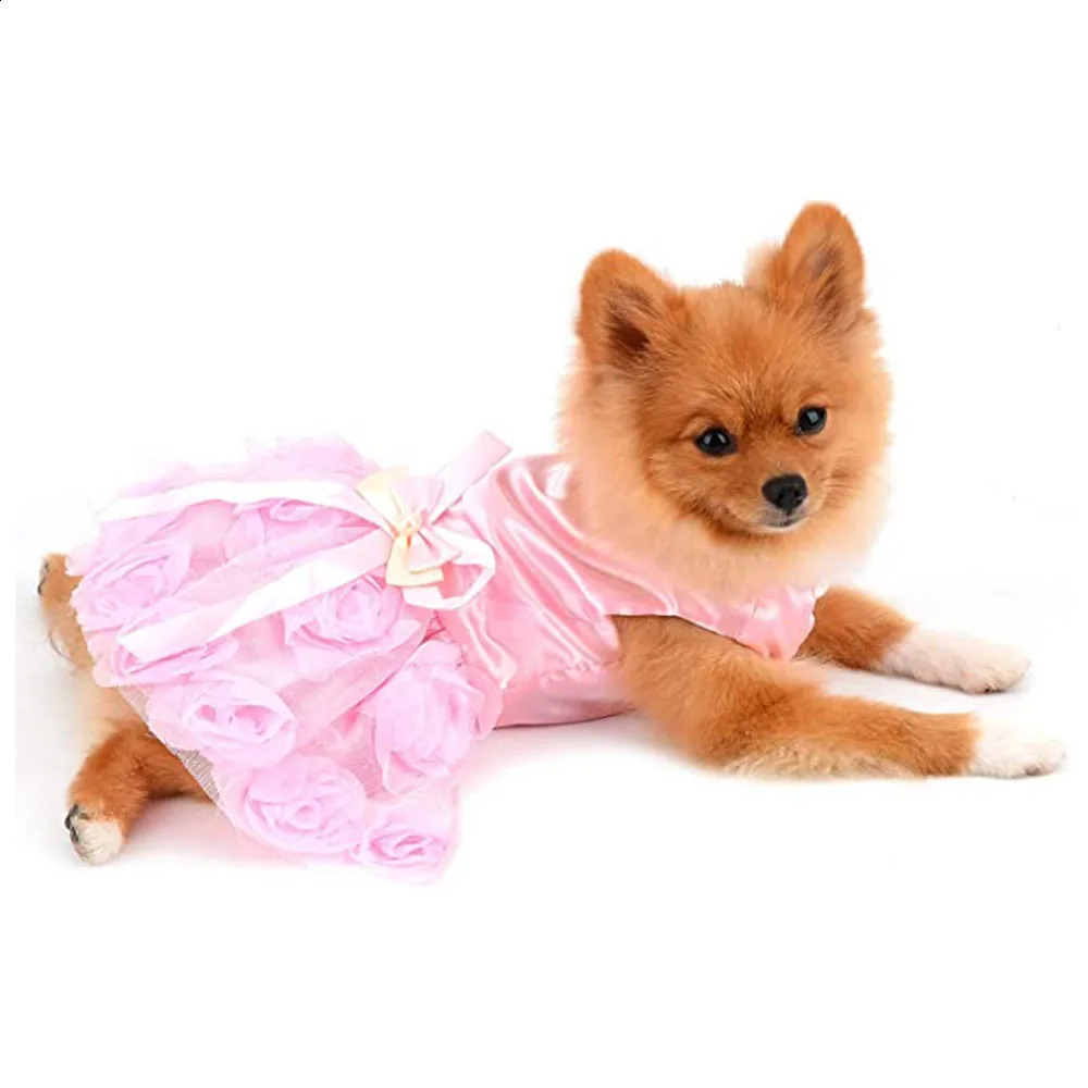 Pet Small Dog Wedding Dress with Bowknot Birthday Party Costume Satin Rose Pearls Girl Formal Dress for Puppy Dog Cat Tutu Dress 250206