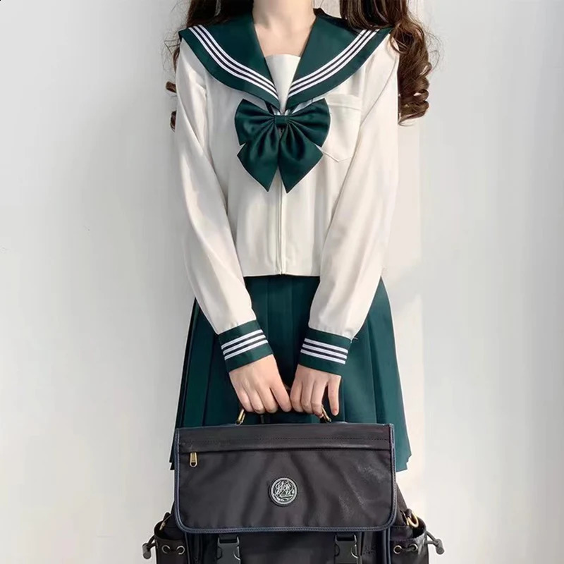 Japanese School Uniform SXXL Green JK Girl College Style Suit Sailor Costume Women Sexy Shirt Pleated Skirt 250122
