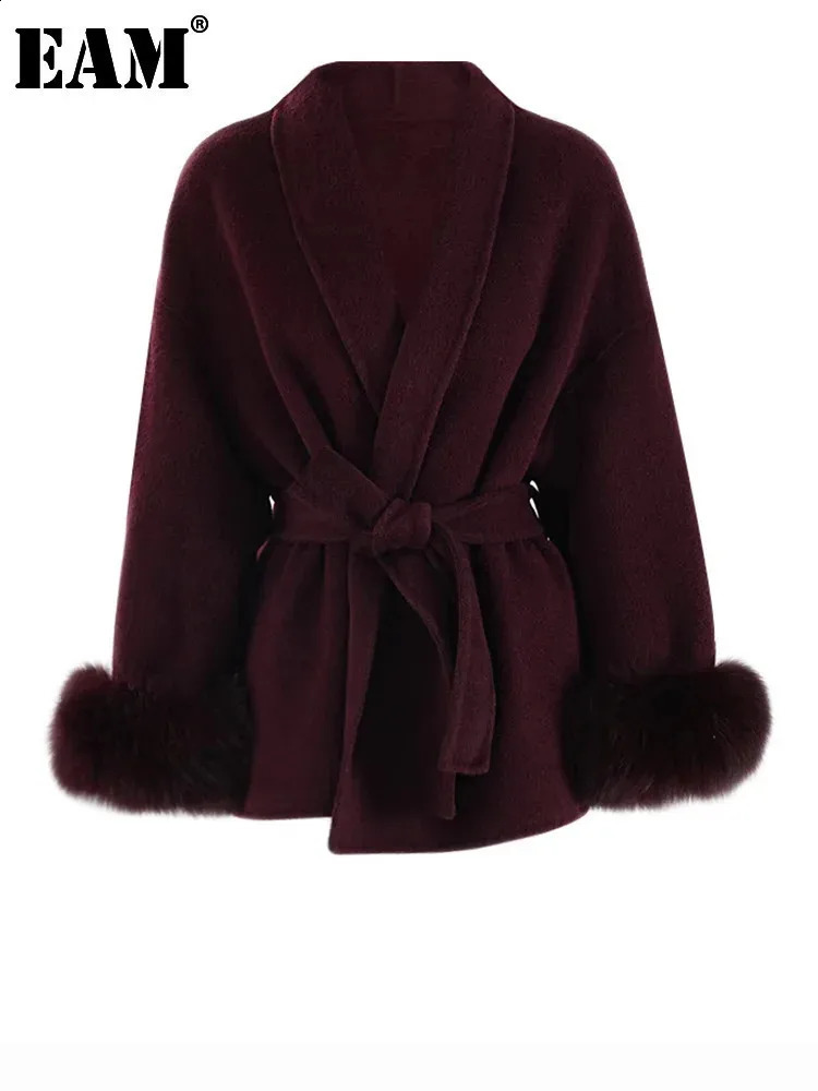 EAM Wine Red Fur Cuff Big Size Belted Woolen Coat Lapel Long Sleeve Women Jacket Fashion Autumn Winter 2024 CPG2347 250109Z