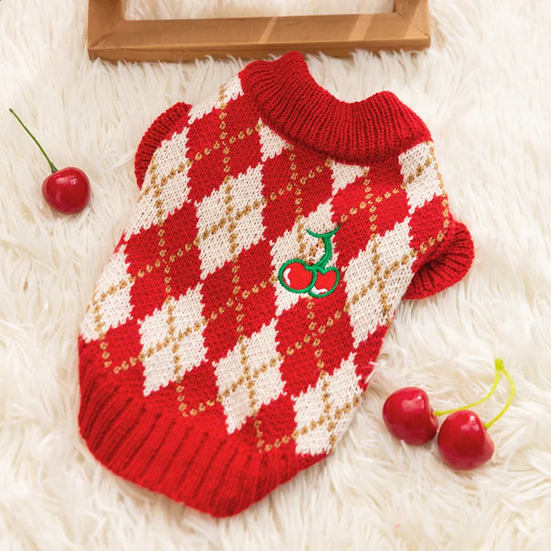 Winter Dog Sweater Fashion Plaid Dog Clothes Warm Soft Puppy Knitted Sweater Cherry Print Cat Pullovers Chihuahua Pet Clothes 250206