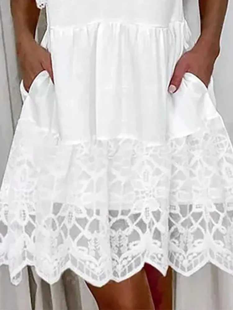 White Lace Patchwork Dress For Women Summer 2024 Casual V-neck Short Sved A-line Dress Fashion Boho Beach DressesXJ2500207