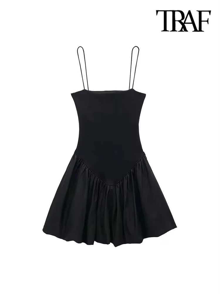 TR-Womens Patchwork Ribbed Poplin Puff Mini Dress Straight Neck Thin Straps Fe Dresses Sexy FashionXJ2500207