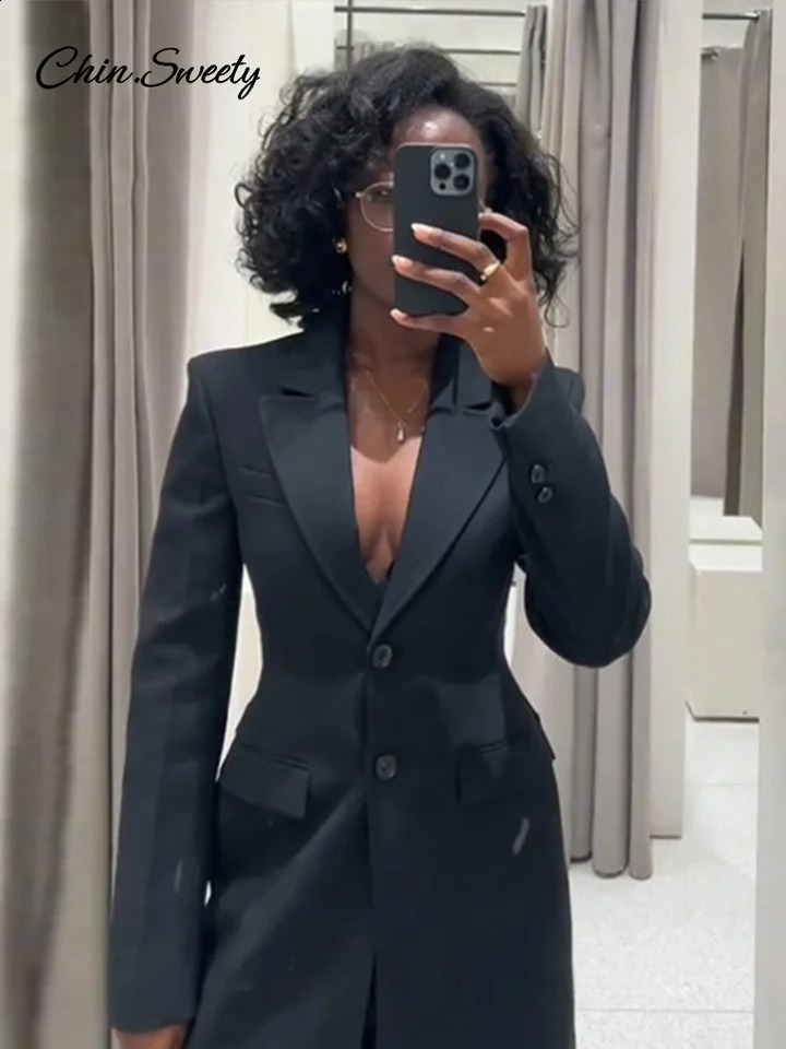 Vintage Lapel Black Long Overcoat Women Slim High Waist Full Sleeve Single Breasted Shoulder Pad Coat Spring Commute Outwear 250109Z