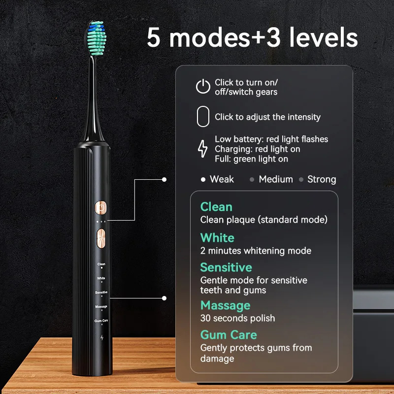 Electric Toothbrush With 6 Brush Heads For Teeth Brushes Vibration Dental Tooth Whitening Cleaner USB Rechargeable Oral Care 250206