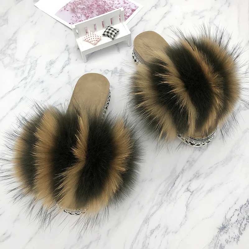 Slides Fur Summer s Platform Sandals Ladies Sandals Outdoor Real Fur Ladies Heels Shoes 2021 New Fluffy Flip Flops SlippersXJ250207