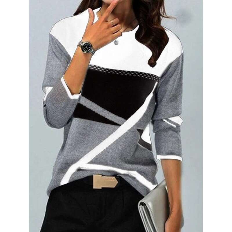 2021 women's supports sales of color blocking positioning printed round neck long sleeved T-shirts on various platforms. 2024 new casual fashion 