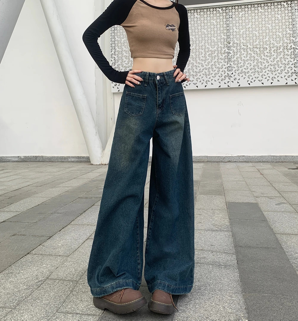 Petite girl 150CM short Hong Kong style retro straight leg jeans women loose slim high waist wide pants xs show height 250206